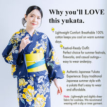 將圖片載入圖庫檢視器 Women’s Cotton Yukata Kimono Robe – Lightweight Summer Japanese Kimono Robe, Navy with Yellow Peony &amp; Hydrangea Floral Print, Traditional Festival Outfit
