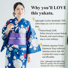 將圖片載入圖庫檢視器 Women’s Cotton Yukata Kimono Robe – Lightweight Summer Japanese Kimono Robe, Deep Blue with Red &amp; White blossoms sakura, dahlia, and wild chrysanthemum Print, Traditional Festival Outfit
