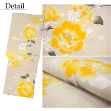 將圖片載入圖庫檢視器 Women’s Cotton Yukata Kimono Robe – Lightweight Summer Japanese Kimono Robe, Ivory with Yellow Peony &amp; Hydrangea Floral Print, Traditional Festival Outfit
