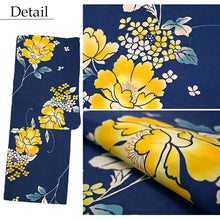 將圖片載入圖庫檢視器 Women’s Cotton Yukata Kimono Robe – Lightweight Summer Japanese Kimono Robe, Navy with Yellow Peony &amp; Hydrangea Floral Print, Traditional Festival Outfit
