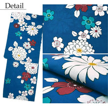 將圖片載入圖庫檢視器 Women’s Cotton Yukata Kimono Robe – Lightweight Summer Japanese Kimono Robe, Deep Blue with Red &amp; White blossoms sakura, dahlia, and wild chrysanthemum Print, Traditional Festival Outfit
