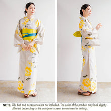 將圖片載入圖庫檢視器 Women’s Cotton Yukata Kimono Robe – Lightweight Summer Japanese Kimono Robe, Ivory with Yellow Peony &amp; Hydrangea Floral Print, Traditional Festival Outfit
