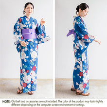 將圖片載入圖庫檢視器 Women’s Cotton Yukata Kimono Robe – Lightweight Summer Japanese Kimono Robe, Deep Blue with Red &amp; White blossoms sakura, dahlia, and wild chrysanthemum Print, Traditional Festival Outfit
