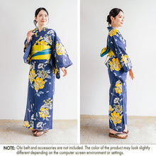 將圖片載入圖庫檢視器 Women’s Cotton Yukata Kimono Robe – Lightweight Summer Japanese Kimono Robe, Navy with Yellow Peony &amp; Hydrangea Floral Print, Traditional Festival Outfit
