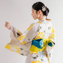 將圖片載入圖庫檢視器 Women’s Cotton Yukata Kimono Robe – Lightweight Summer Japanese Kimono Robe, Ivory with Yellow Peony &amp; Hydrangea Floral Print, Traditional Festival Outfit
