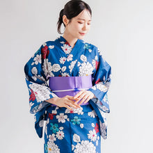 將圖片載入圖庫檢視器 Women’s Cotton Yukata Kimono Robe – Lightweight Summer Japanese Kimono Robe, Deep Blue with Red &amp; White blossoms sakura, dahlia, and wild chrysanthemum Print, Traditional Festival Outfit
