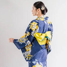 將圖片載入圖庫檢視器 Women’s Cotton Yukata Kimono Robe – Lightweight Summer Japanese Kimono Robe, Navy with Yellow Peony &amp; Hydrangea Floral Print, Traditional Festival Outfit
