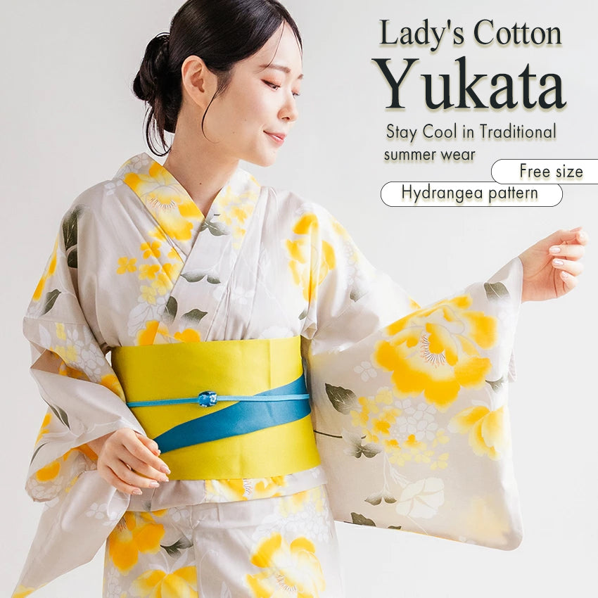 Women’s Cotton Yukata Kimono Robe – Lightweight Summer Japanese Kimono Robe, Ivory with Yellow Peony & Hydrangea Floral Print, Traditional Festival Outfit