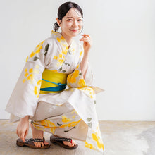 將圖片載入圖庫檢視器 Women’s Cotton Yukata Kimono Robe – Lightweight Summer Japanese Kimono Robe, Ivory with Yellow Peony &amp; Hydrangea Floral Print, Traditional Festival Outfit
