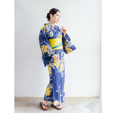 將圖片載入圖庫檢視器 Women’s Cotton Yukata Kimono Robe – Lightweight Summer Japanese Kimono Robe, Navy with Yellow Peony &amp; Hydrangea Floral Print, Traditional Festival Outfit
