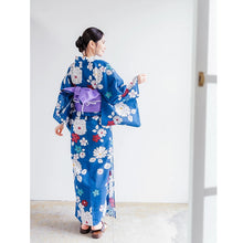 將圖片載入圖庫檢視器 Women’s Cotton Yukata Kimono Robe – Lightweight Summer Japanese Kimono Robe, Deep Blue with Red &amp; White blossoms sakura, dahlia, and wild chrysanthemum Print, Traditional Festival Outfit
