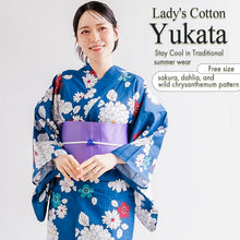 將圖片載入圖庫檢視器 Women’s Cotton Yukata Kimono Robe – Lightweight Summer Japanese Kimono Robe, Deep Blue with Red &amp; White blossoms sakura, dahlia, and wild chrysanthemum Print, Traditional Festival Outfit
