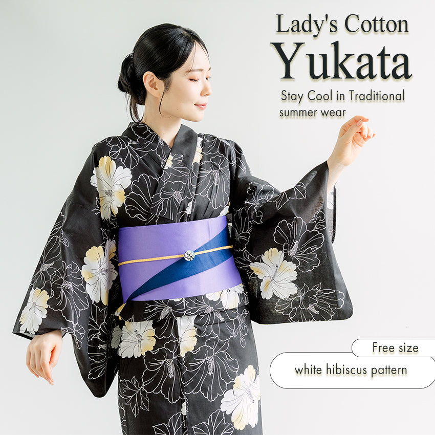 Women’s Cotton Yukata Kimono Robe – Lightweight Summer Japanese Kimono Robe,  smoky black base elegant white hibiscus flowers pattern, Traditional Festival Outfit