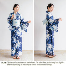 將圖片載入圖庫檢視器 Women’s Cotton Yukata Kimono Robe – Lightweight Summer Japanese Kimono Robe, Deep navy background, elegant camellia pattern, Traditional Festival Outfit
