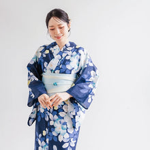 將圖片載入圖庫檢視器 Women’s Cotton Yukata Kimono Robe – Lightweight Summer Japanese Kimono Robe, Deep navy background, elegant camellia pattern, Traditional Festival Outfit
