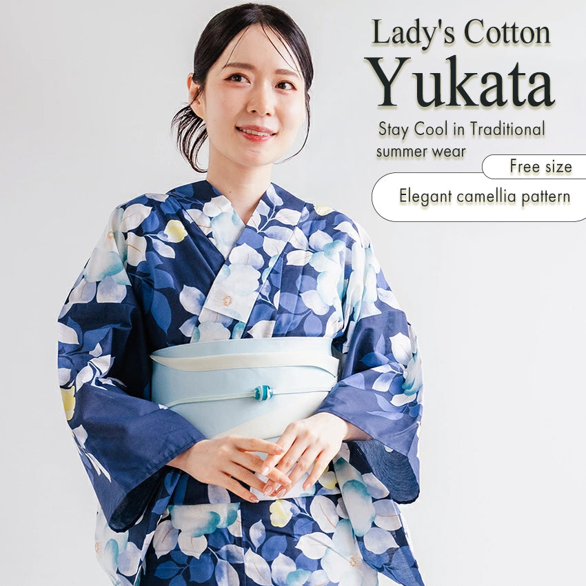Women’s Cotton Yukata Kimono Robe – Lightweight Summer Japanese Kimono Robe, Deep navy background, elegant camellia pattern, Traditional Festival Outfit