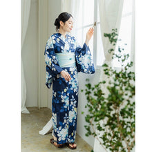 將圖片載入圖庫檢視器 Women’s Cotton Yukata Kimono Robe – Lightweight Summer Japanese Kimono Robe, Deep navy background, elegant camellia pattern, Traditional Festival Outfit
