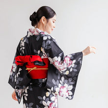 將圖片載入圖庫檢視器 Women’s Cotton Yukata Kimono Robe – Lightweight Summer Japanese Kimono Robe, Soft ink-black background, camellia pattern, Traditional Festival Outfit
