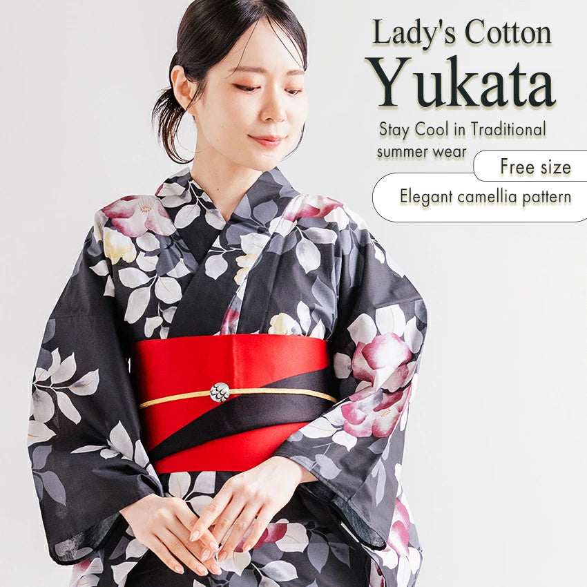 Women’s Cotton Yukata Kimono Robe – Lightweight Summer Japanese Kimono Robe, Soft ink-black background, camellia pattern, Traditional Festival Outfit
