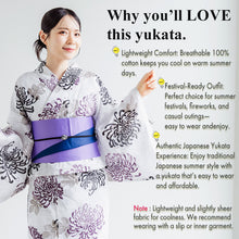 画像をギャラリービューアに読み込む, Women’s Cotton Yukata Kimono Robe – Lightweight Summer Japanese Kimono Robe, White base with black and deep red chrysanthemum pattern, Traditional Festival Outfit
