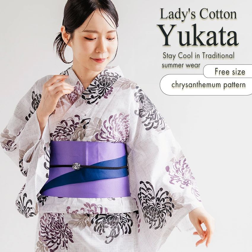 Women’s Cotton Yukata Kimono Robe – Lightweight Summer Japanese Kimono Robe, White base with black and deep red chrysanthemum pattern, Traditional Festival Outfit