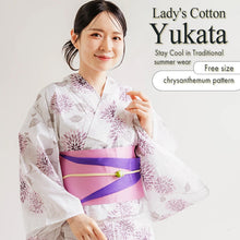 画像をギャラリービューアに読み込む, Women’s Cotton Yukata Kimono Robe – Lightweight Summer Japanese Kimono Robe, White base with muted pink chrysanthemums pattern, Traditional Festival Outfit
