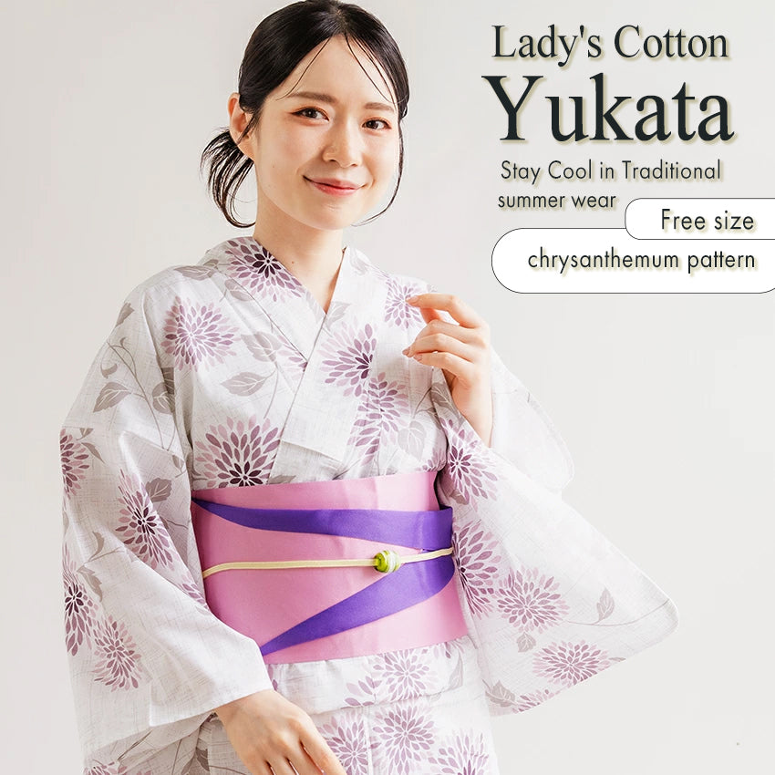 Women’s Cotton Yukata Kimono Robe – Lightweight Summer Japanese Kimono Robe, White base with muted pink chrysanthemums pattern, Traditional Festival Outfit