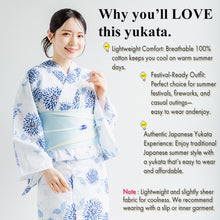 画像をギャラリービューアに読み込む, Women’s Cotton Yukata Kimono Robe – Lightweight Summer Japanese Kimono Robe, Crisp white base with blue chrysanthemums pattern, Traditional Festival Outfit
