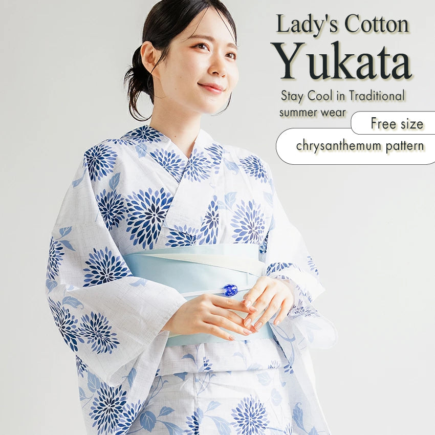 Women’s Cotton Yukata Kimono Robe – Lightweight Summer Japanese Kimono Robe, Crisp white base with blue chrysanthemums pattern, Traditional Festival Outfit