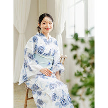 画像をギャラリービューアに読み込む, Women’s Cotton Yukata Kimono Robe – Lightweight Summer Japanese Kimono Robe, Crisp white base with blue chrysanthemums pattern, Traditional Festival Outfit
