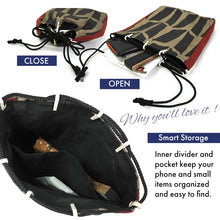 画像をギャラリービューアに読み込む, Shingen Bukuro Japanese-Style Drawstring Shoulder Pouch for Men – Samurai-Inspired, Cotton with “kugi” (nail) Pattern, Black &amp; Brown
