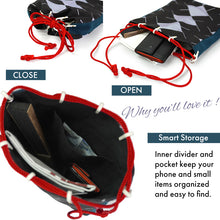 画像をギャラリービューアに読み込む, Shingen Bukuro Japanese-Style Drawstring Shoulder Pouch for Men – Samurai-Inspired, Cotton with Manji Pattern, deep black and bluish-purple
