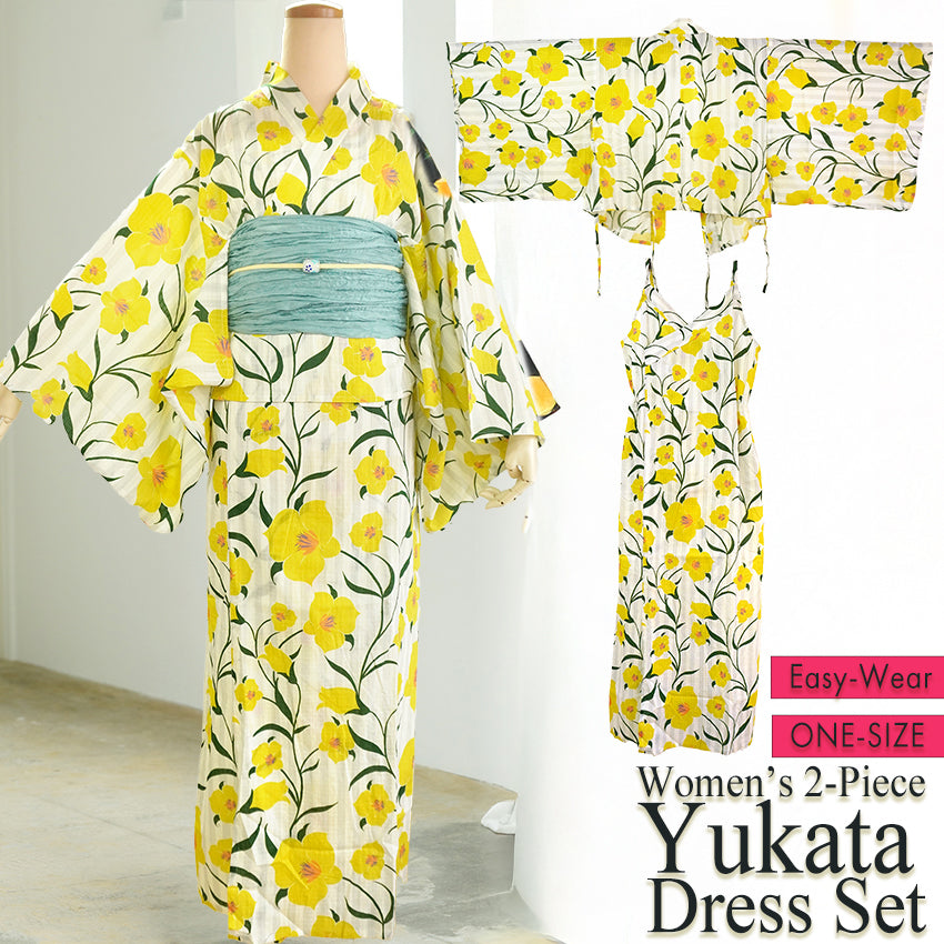 Easy-Wear Cotton Yukata Dress Set for Women – 2-Piece Japanese Kimono Style (Top + Dress), Rose of Sharon flowers pattern, Beginner-Friendly, Lightweight Cotton
