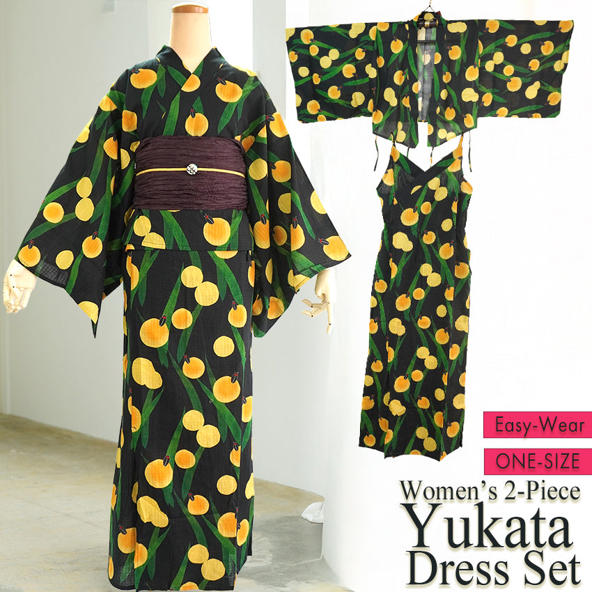 Easy-Wear Cotton Yukata Dress Set for Women – 2-Piece Japanese Kimono Style (Top + Dress), firefly motif, Beginner-Friendly, Lightweight Cotton