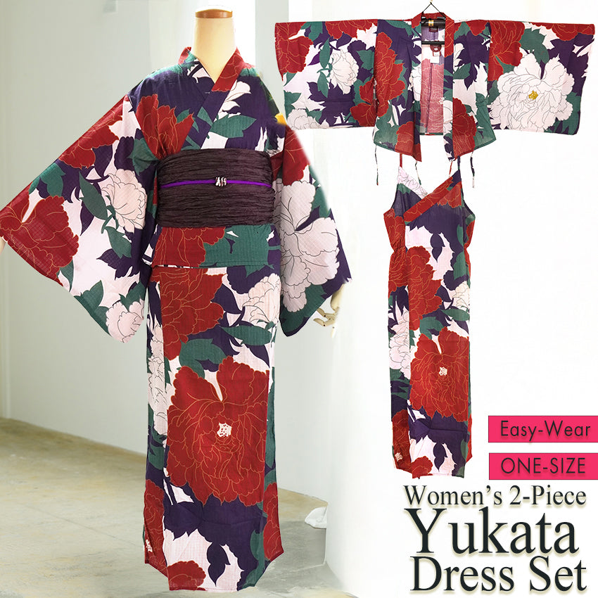 Easy-Wear Cotton Yukata Dress Set for Women – 2-Piece Japanese Kimono Style (Top + Dress), peonies flower pattern, Beginner-Friendly, Lightweight Cotton