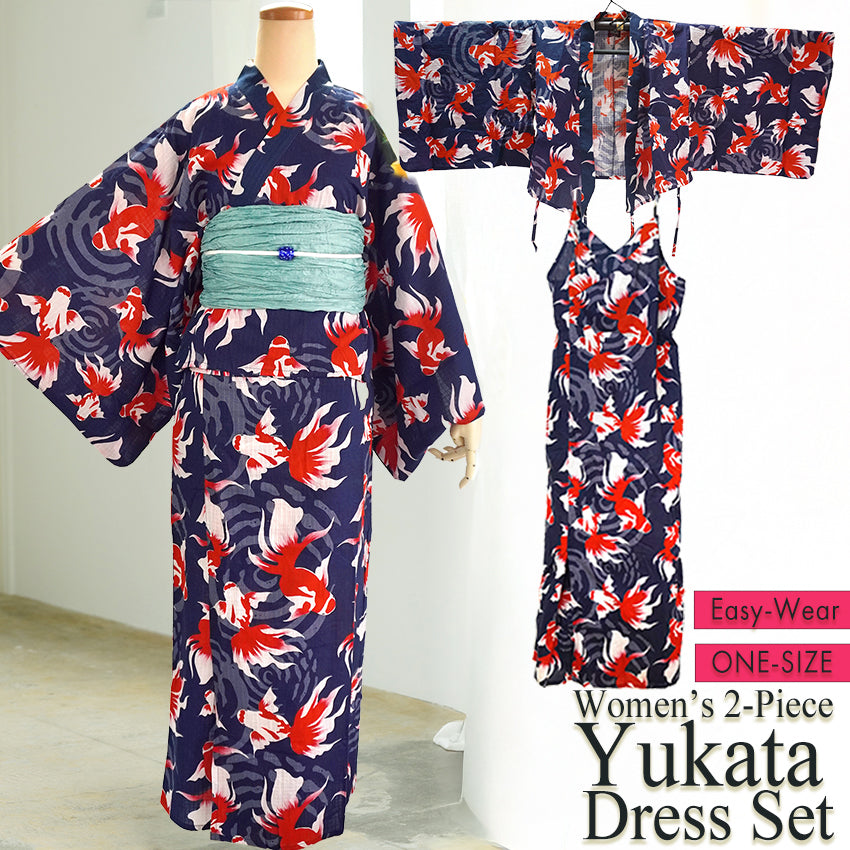 Easy-Wear Cotton Yukata Dress Set for Women – 2-Piece Japanese Kimono Style (Top + Dress), goldfish pattern, Beginner-Friendly, Lightweight Cotton