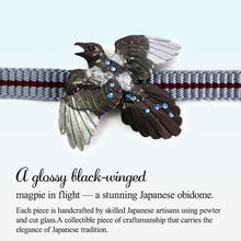 Load image into Gallery viewer, Handcrafted Japanese Obidome “Magpie” for Women&#39;s – Pewter &amp; Cut Glass Kimono Accessory Inspired by the Tanabata Legend – Wear as Brooch or Scarf Clip
