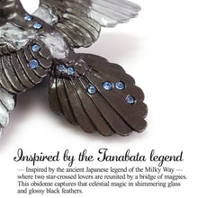 Load image into Gallery viewer, Handcrafted Japanese Obidome “Magpie” for Women&#39;s – Pewter &amp; Cut Glass Kimono Accessory Inspired by the Tanabata Legend – Wear as Brooch or Scarf Clip
