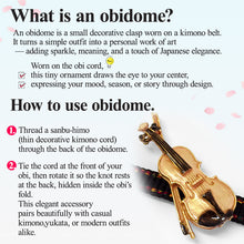 Load image into Gallery viewer, Handcrafted Japanese Obidome “Violin” – Elegant Pewter Kimono Accessory with Musical Motif – Depending on the arrangement Wear as Brooch or Scarf Clip
