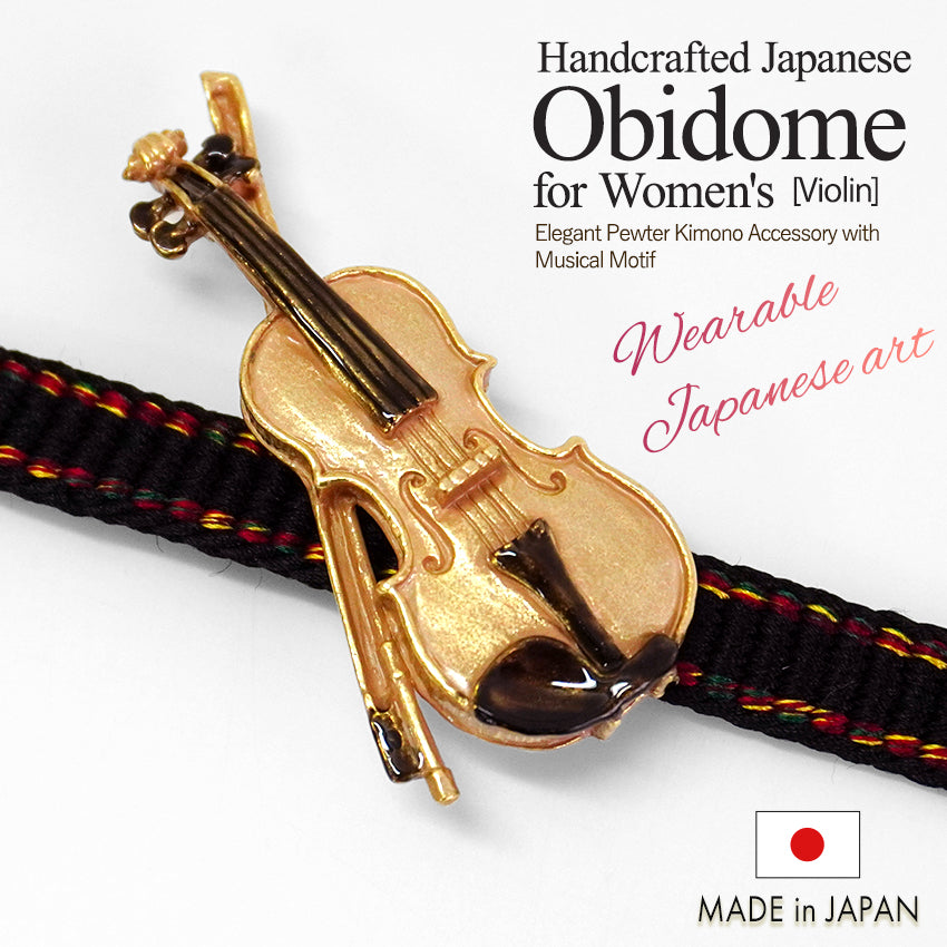 Handcrafted Japanese Obidome “Violin” – Elegant Pewter Kimono Accessory with Musical Motif – Depending on the arrangement Wear as Brooch or Scarf Clip