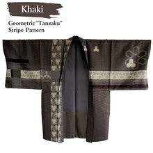 Load image into Gallery viewer, Men’s Khaki Haori Jacket with Geometric “Tanzaku” Stripe Pattern – Modern Japanese Kimono Outerwear
