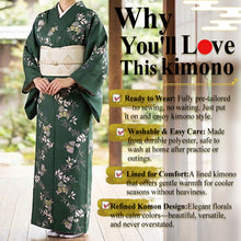 將圖片載入圖庫檢視器 Ready-to-Wear Washable Komon Kimono for Women, Lined Polyester, Deep Green Floral Design – A Sophisticated Komon Kimono with Timeless Elegance, Easy-Care Japanese Kimono
