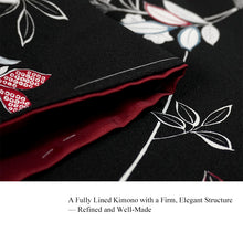 將圖片載入圖庫檢視器 Ready-to-Wear Washable Komon Kimono for Women, Fully Lined Polyester, Black magnolia Floral Design with Red Accents – A Sophisticated Komon Kimono with Timeless Elegance
