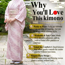 將圖片載入圖庫檢視器 Ready-to-Wear Washable Komon Kimono for Women, Fully Lined Polyester, Soft Pink Gradient with Wave Motif – A Sophisticated Komon Kimono with Timeless Elegance
