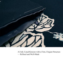 將圖片載入圖庫檢視器 Ready-to-Wear Washable Komon Kimono for Women, Fully Lined Polyester, Deep Navy with Retro Vine Motif – A Sophisticated Komon Kimono with Timeless Elegance
