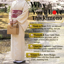 將圖片載入圖庫檢視器 Ready-to-Wear Washable Komon Kimono for Women, Fully Lined Polyester, Cream Yellow with Retro Vine Motif – A Sophisticated Komon Kimono with Timeless Elegance
