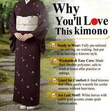 將圖片載入圖庫檢視器 Ready-to-Wear Washable Komon Kimono for Women, Fully Lined Polyester, Deep Brown with Aoi Leaf Motif – A Sophisticated Komon Kimono with Quiet Elegance
