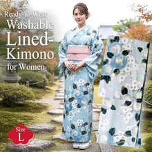 將圖片載入圖庫檢視器 Ready-to-Wear Washable Komon Kimono for Women, Fully Lined Polyester, Light Aqua Blue with Camellia &amp; Plum Blossoms – A Sophisticated Komon Kimono with Fresh Elegance
