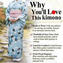 將圖片載入圖庫檢視器 Ready-to-Wear Washable Komon Kimono for Women, Fully Lined Polyester, Light Aqua Blue with Camellia &amp; Plum Blossoms – A Sophisticated Komon Kimono with Fresh Elegance
