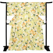 將圖片載入圖庫檢視器 Ready-to-Wear Washable Komon Kimono for Women, Fully Lined Polyester, Light Yellow Green with Camellia &amp; Plum Blossoms – A Sophisticated Komon with Soft Spring Charm
